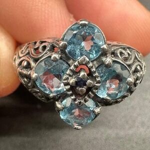 Art Deco Revival Sterling Silver Blue Topaz Sapphire Ring‎ Floral Cluster Size 8